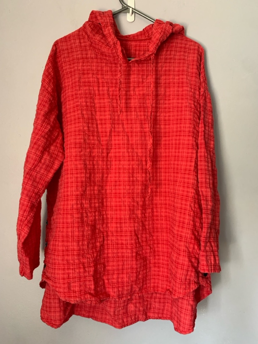 Womens Red Crinkle Gauze Hoodie Top 3XL Lightweight Long Sleeve Tunic